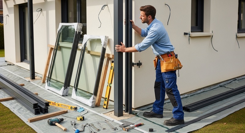 Poseur professionnel installant les profilés aluminium d'une véranda sur une maison