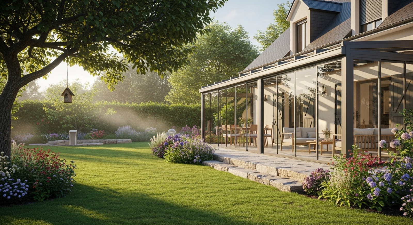 Véranda aluminium vitrée adossée à une maison, ouverte sur un jardin verdoyant au coucher du soleil