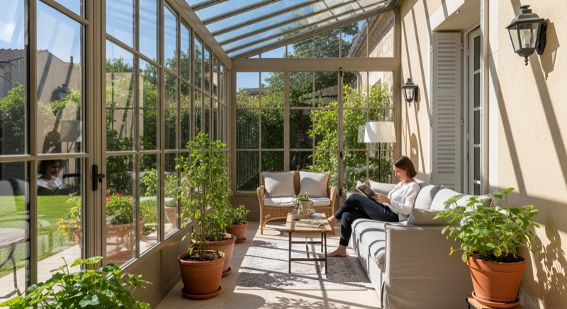Intérieur d'une véranda vitrée baignée de lumière, plantes et canapé, pièce de vie