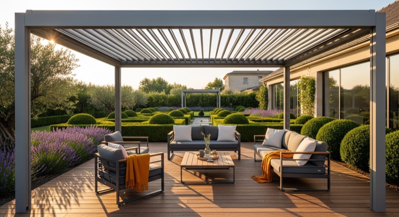 Pergola bioclimatique à lames orientables aluminium sur une terrasse en bois