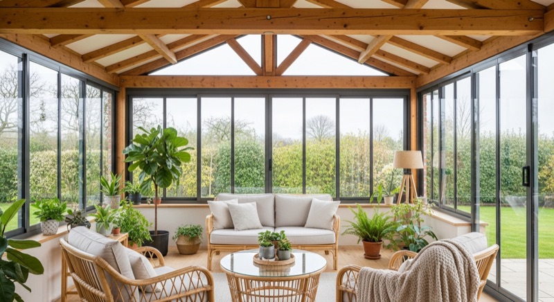 Intérieur d'une véranda mixte bois et aluminium baignée de lumière, mobilier cosy